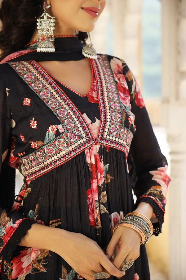Regal Anarkali Charm (black) : Chinon Alia Cut Anarkali with Embroidered Neckline and Gathers