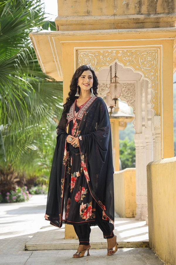 Regal Anarkali Charm (black) : Chinon Alia Cut Anarkali with Embroidered Neckline and Gathers