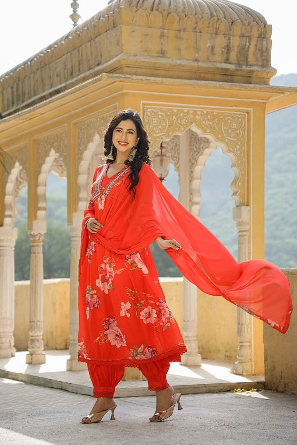 Regal Anarkali Charm (RED) : Chinon Alia Cut Anarkali with Embroidered Neckline and Gathers