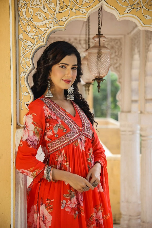 Regal Anarkali Charm (RED) : Chinon Alia Cut Anarkali with Embroidered Neckline and Gathers