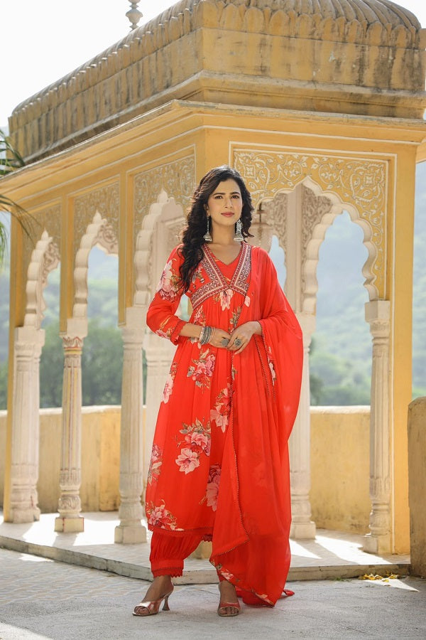 Regal Anarkali Charm (RED) : Chinon Alia Cut Anarkali with Embroidered Neckline and Gathers