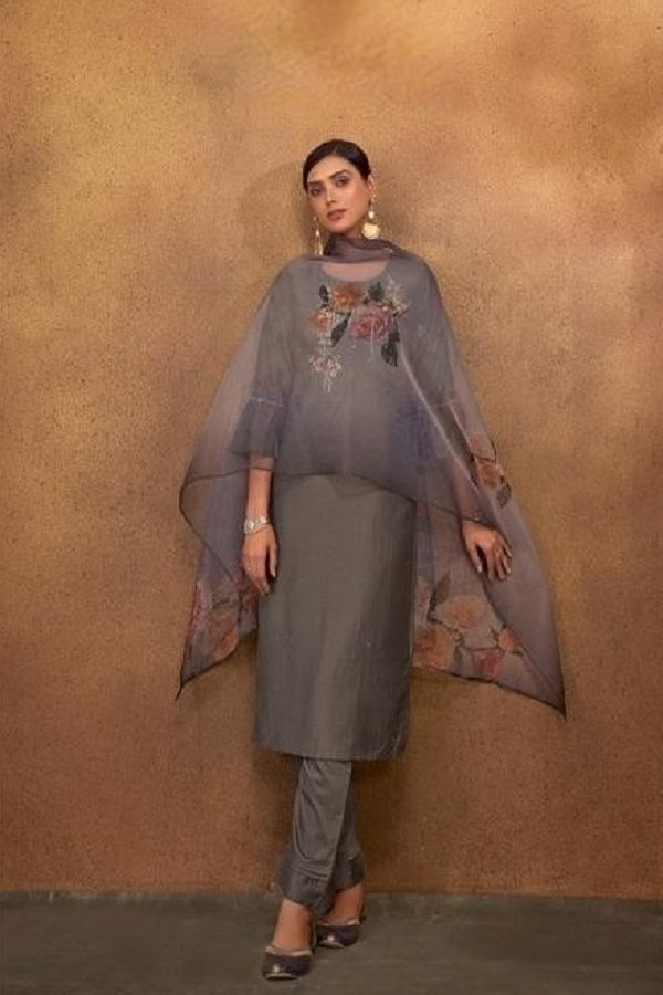 Stitched Silk Suit (grey): Hand Embroidered Kurta, Embroidered Pants & Floral Dupatta
