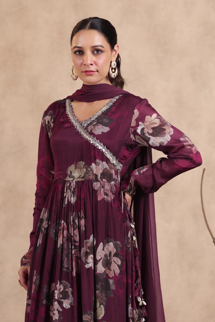 Wine Radiance: Chinon Anarkali with Flared Sharara