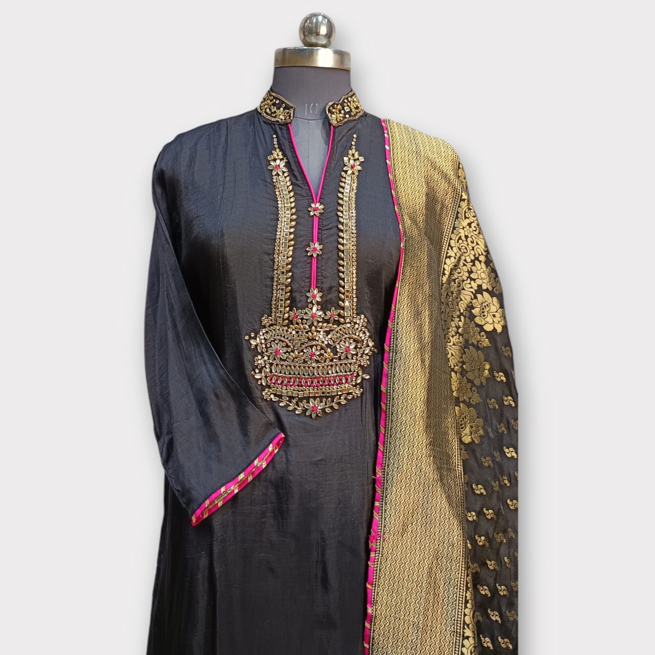 Semi Stitched Silk Kurta With Banarsi Silk Dupatta