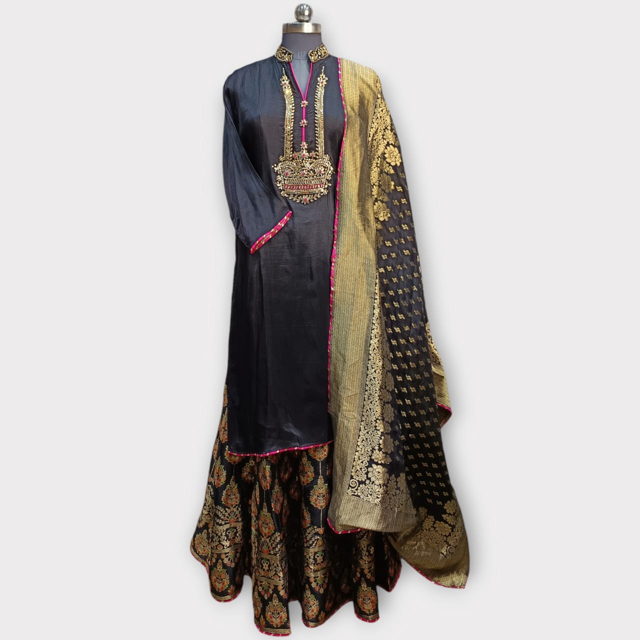 Semi Stitched Silk Kurta With Banarsi Silk Dupatta