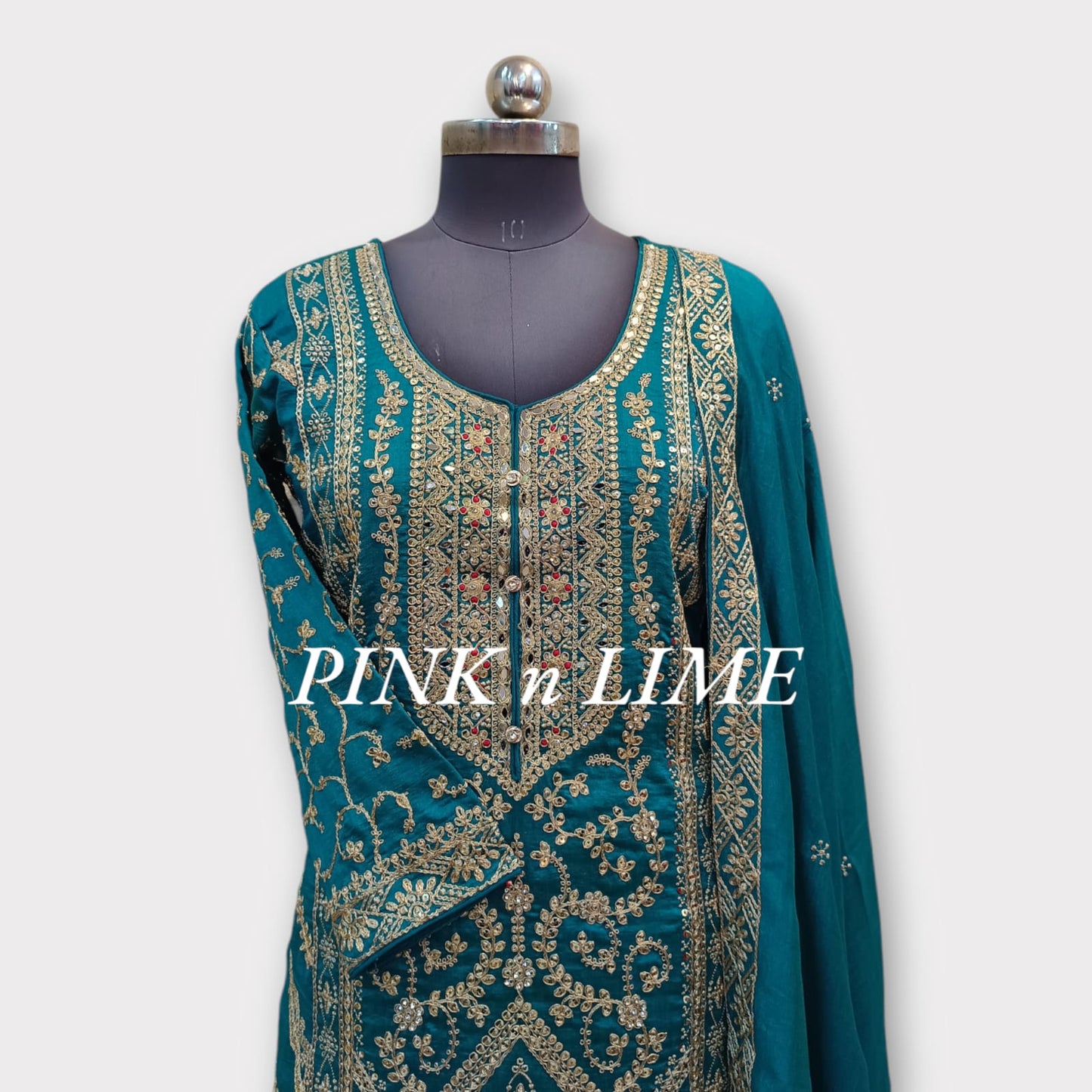 HEAVY PARTY WEAR SUT BASE ON CHINON FABRIC WITH MIRROR WORK, DUPATTA AND GHARARA IS ALSO BASE ON CHINON FABRIC AND MIROR WORK