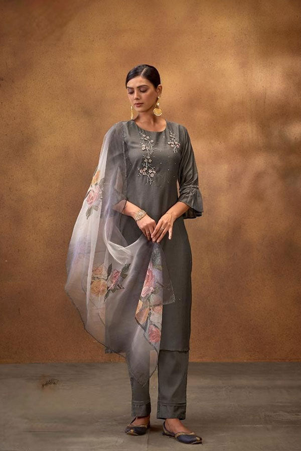 Stitched Silk Suit (grey): Hand Embroidered Kurta, Embroidered Pants & Floral Dupatta