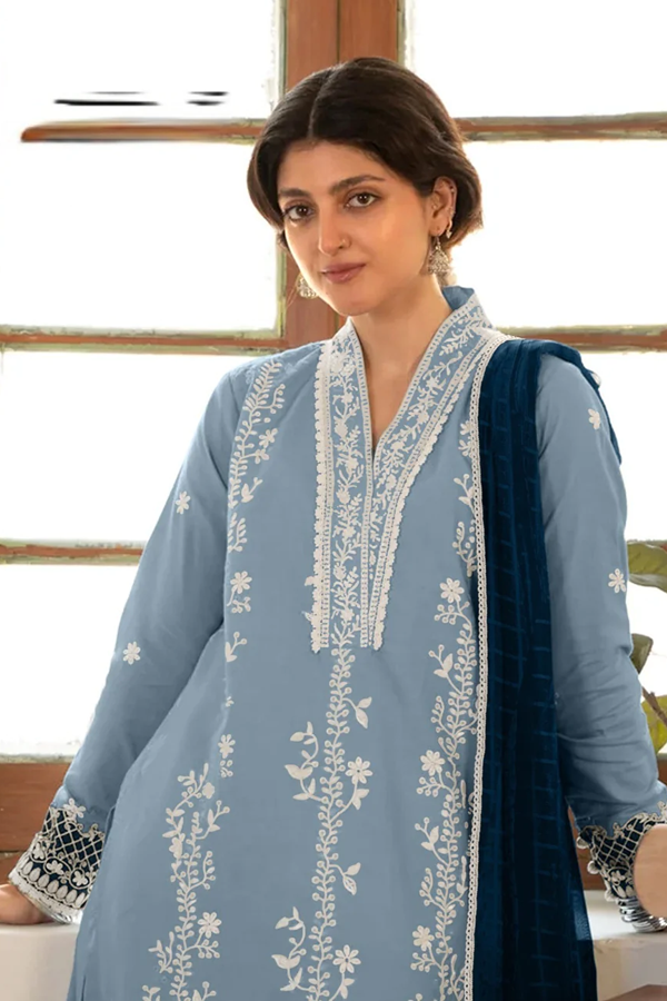 Designer Embroidered Tunic powder blue color with Sleeves paired with Designer Cigarette pants