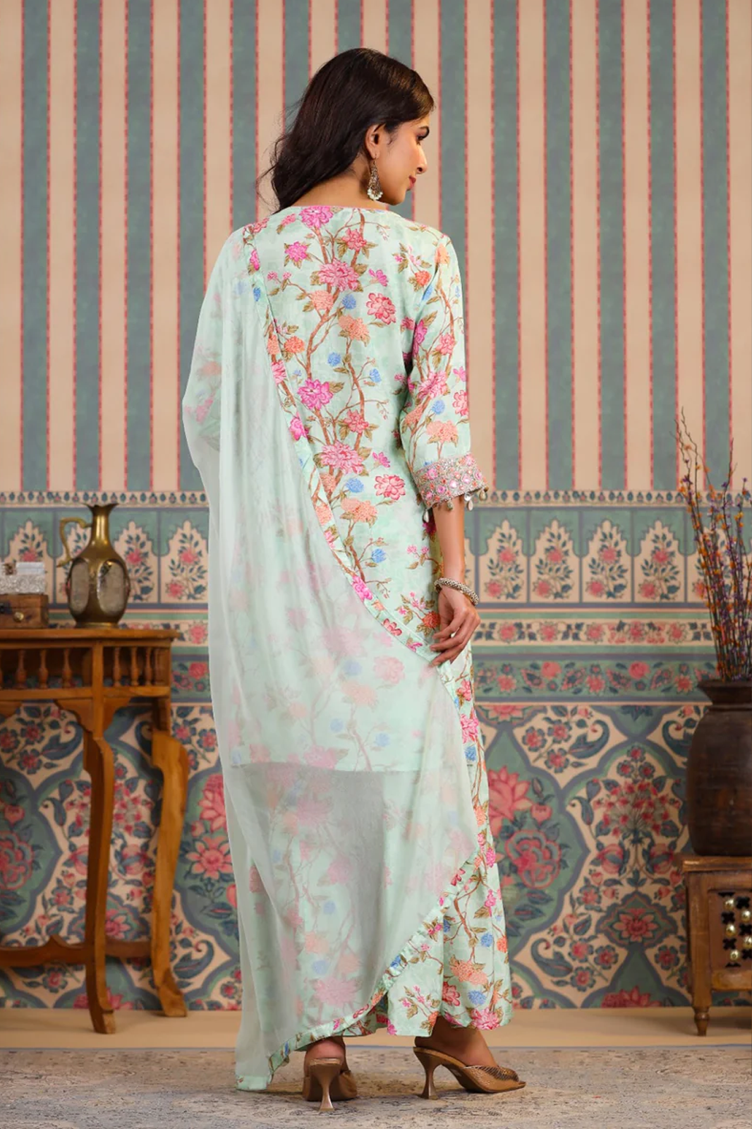 VIBRANT MUSLIN BLISS: HAND-EMBROIDERED KURTA WITH KALIDAR SHARARA