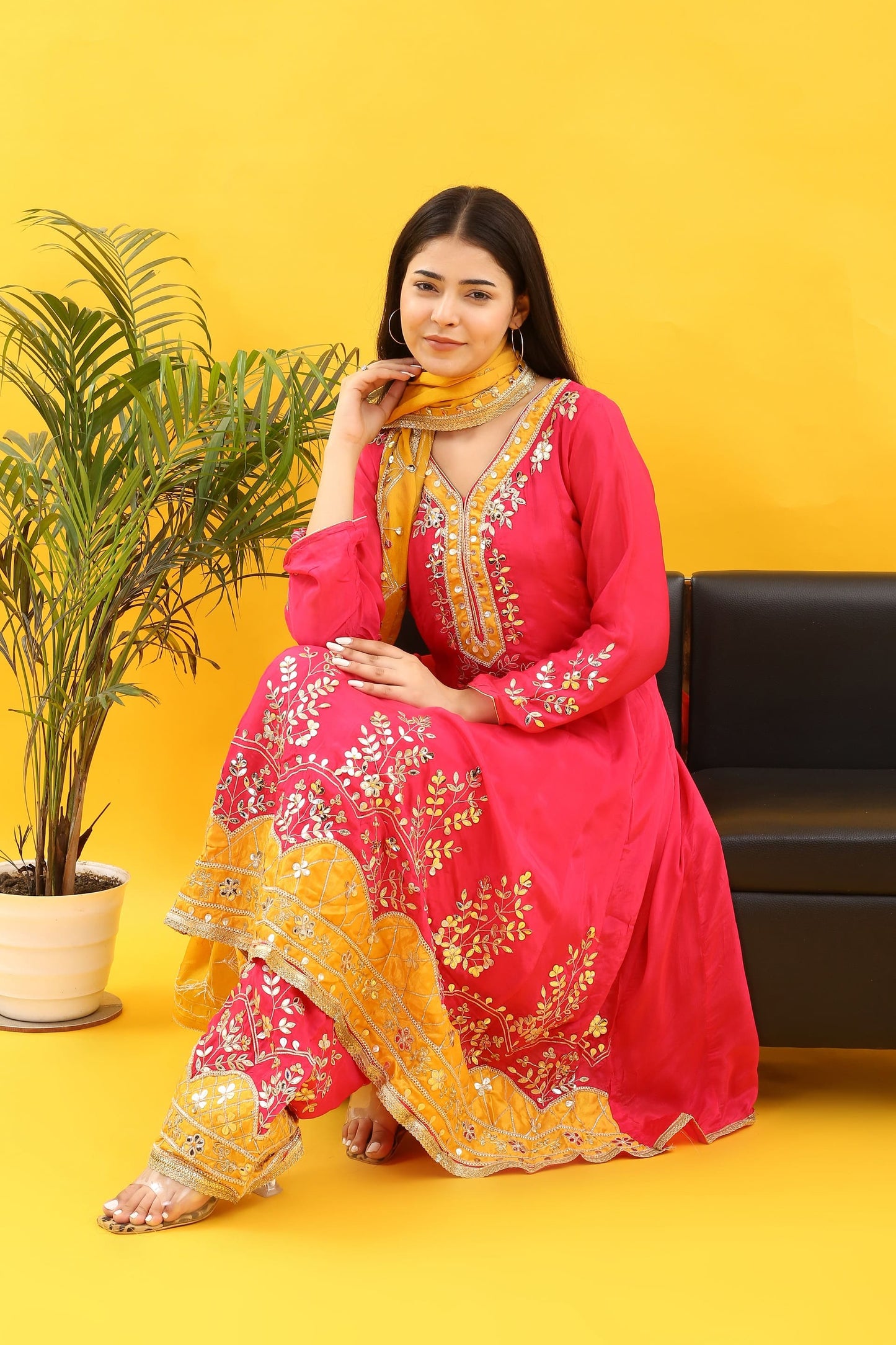 Anarkali Extravaganza: Magenta Pink Gota Embroidered Ensemble with Yellow Accents