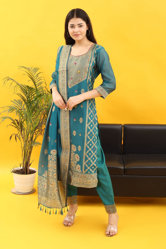 Tyohar Glamour (Aqua Blue) : 46-Inch Pure Organza Jacquard Kurta, Viscose Pants, and Stylish Dupatta