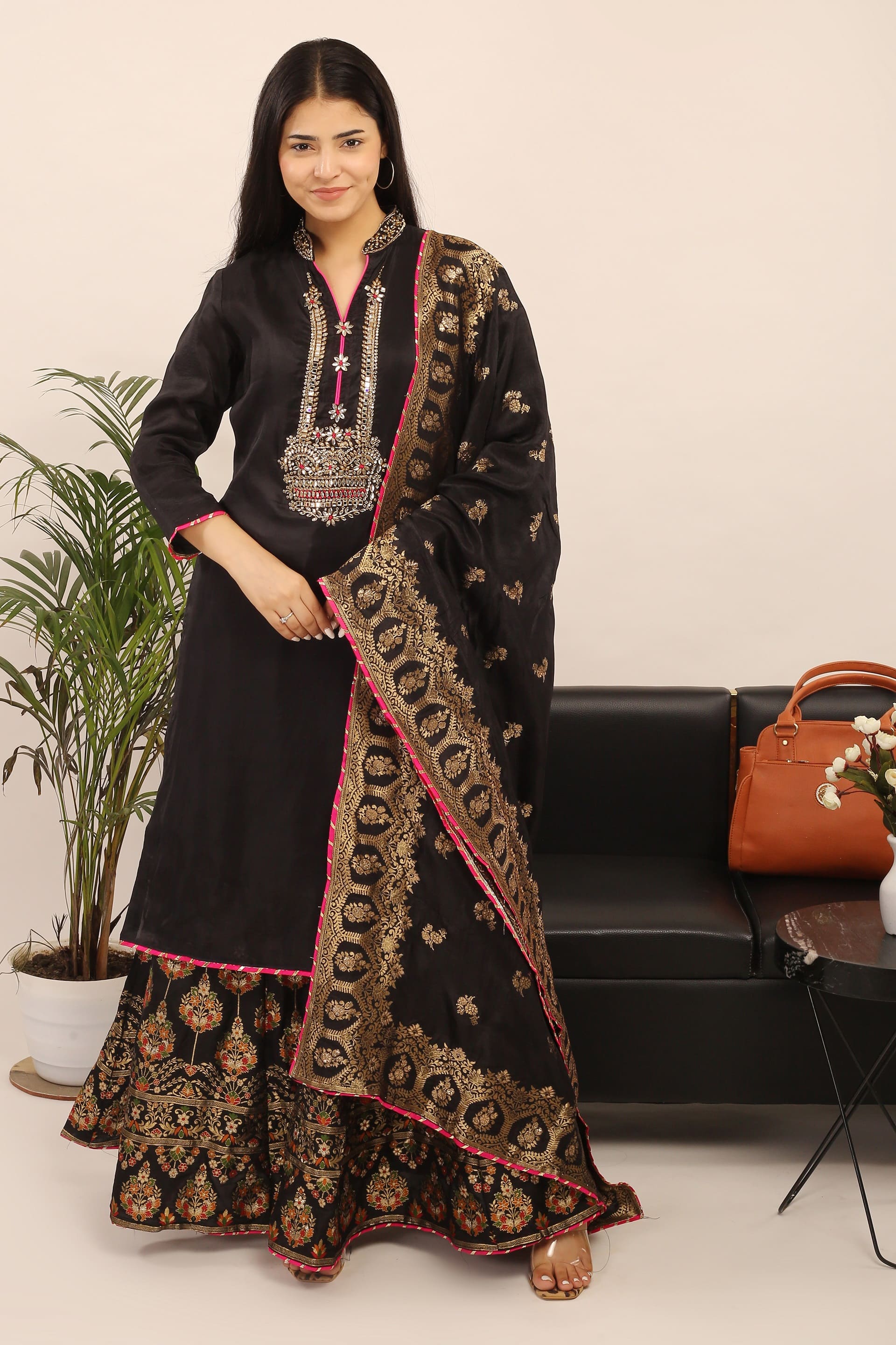 Black silk suit with banarsi dupatta - set of three by Empress Pitara | The  Secret Label