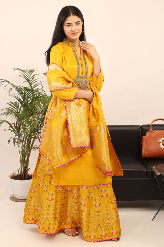 Semi-Stitched Opada Silk Suit(Yellow): Kundan Embroidered Kurta, Banarsi Skirt & Viscose Dupatta