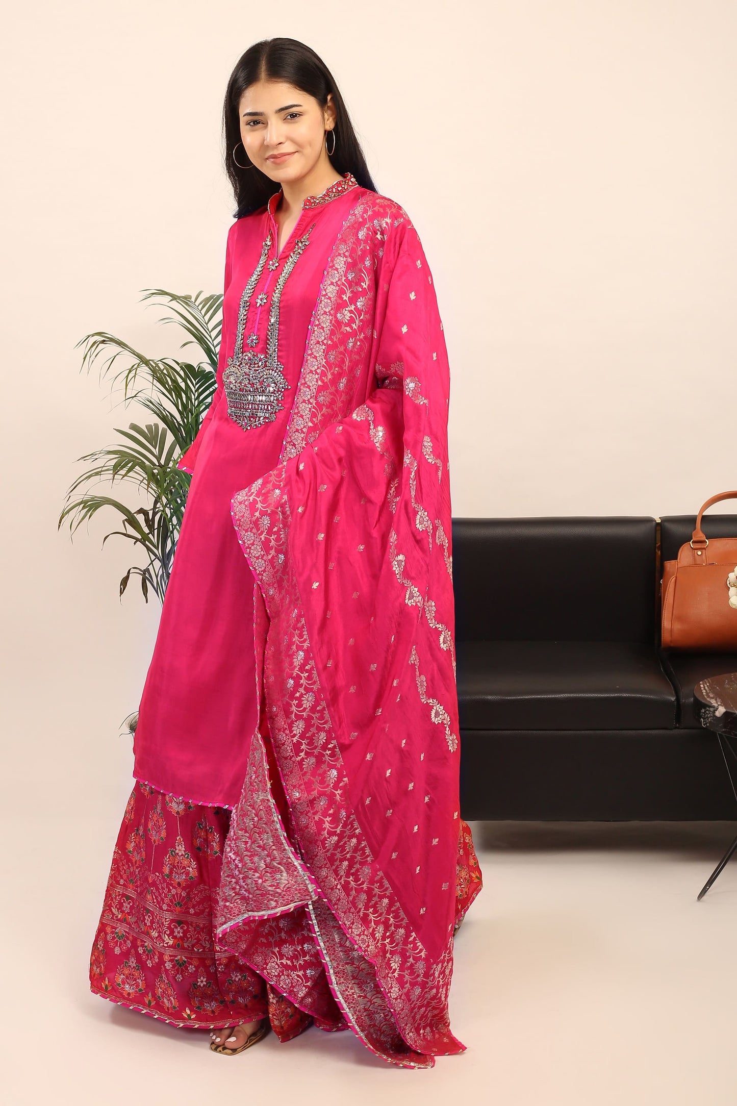 Semi-Stitched Opada Silk Suit(Magenta Pink): Kundan Embroidered Kurta, Banarsi Skirt & Viscose Dupatta