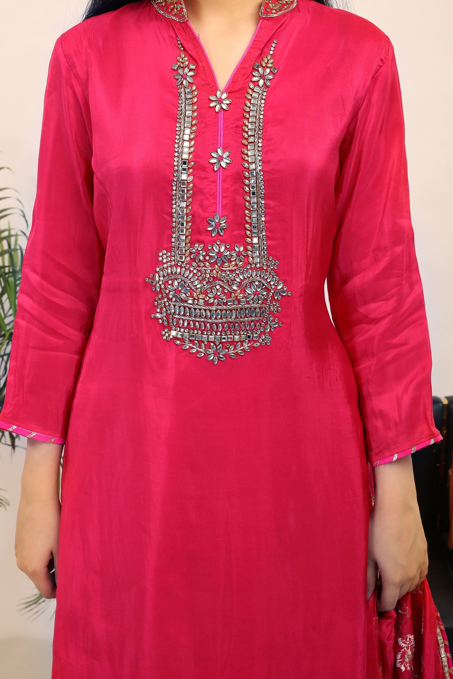 Semi-Stitched Opada Silk Suit(Magenta Pink): Kundan Embroidered Kurta, Banarsi Skirt & Viscose Dupatta