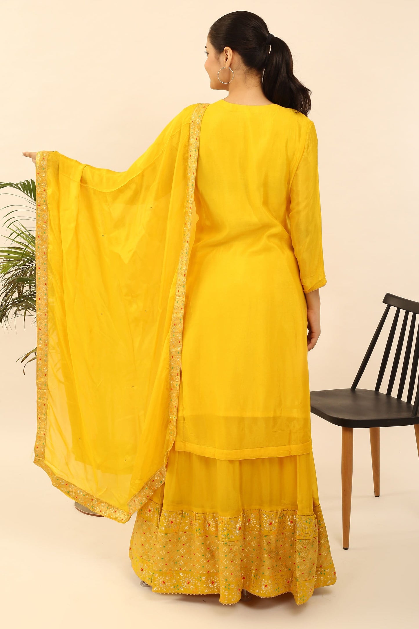 Semi-Stitched Georgette Suit: Thread, Zari & Sequin Embroidered Kurta, Banarsi Skirt & Chinon Dupatta