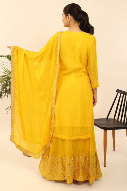 Semi-Stitched Georgette Suit: Thread, Zari & Sequin Embroidered Kurta, Banarsi Skirt & Chinon Dupatta