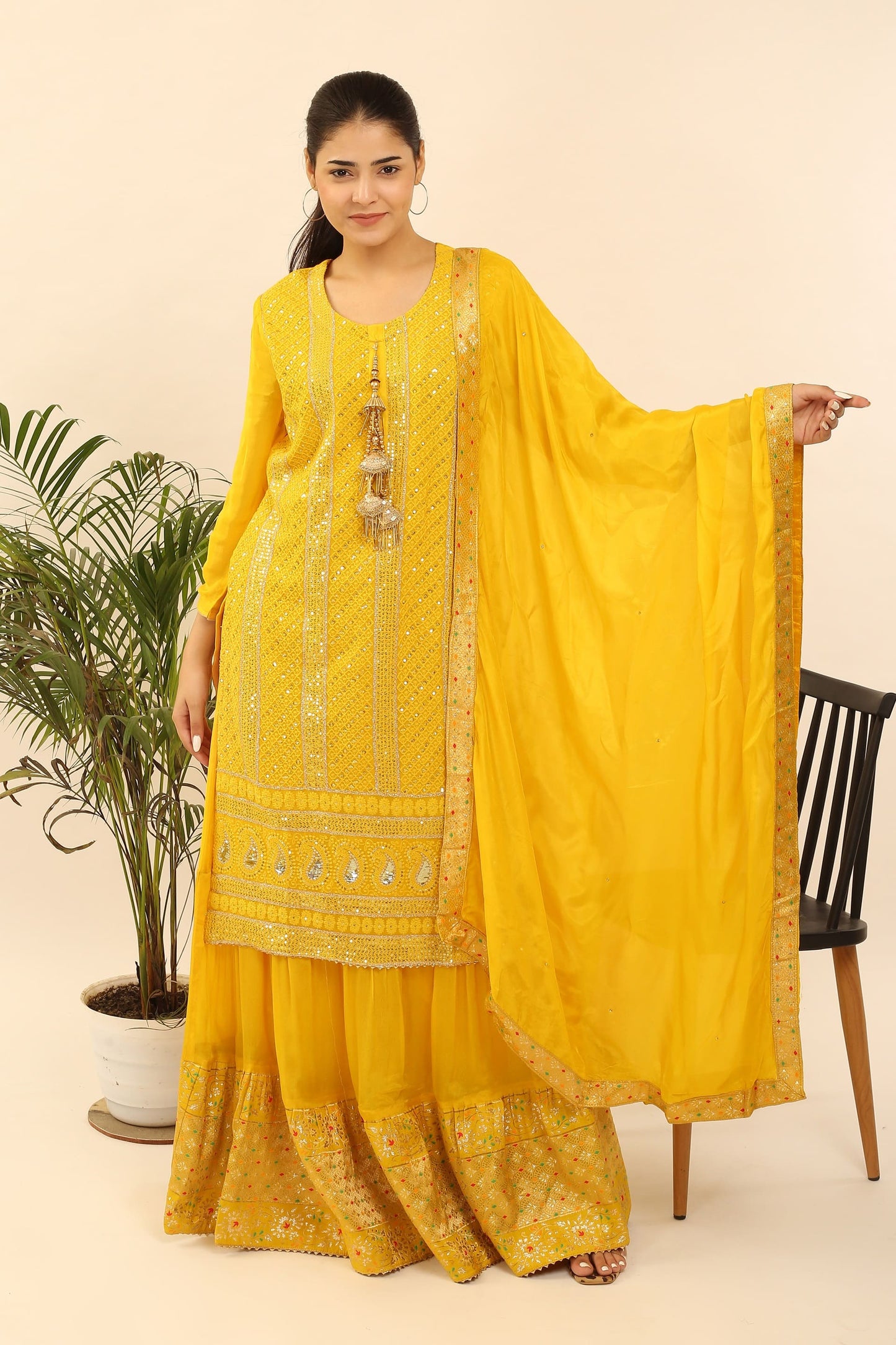 Semi-Stitched Georgette Suit: Thread, Zari & Sequin Embroidered Kurta, Banarsi Skirt & Chinon Dupatta