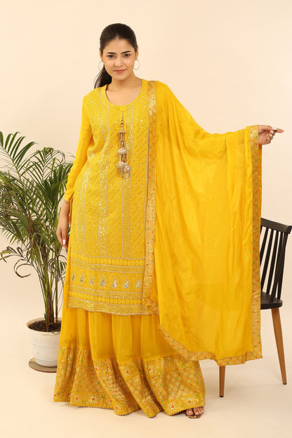 Semi-Stitched Georgette Suit: Thread, Zari & Sequin Embroidered Kurta, Banarsi Skirt & Chinon Dupatta