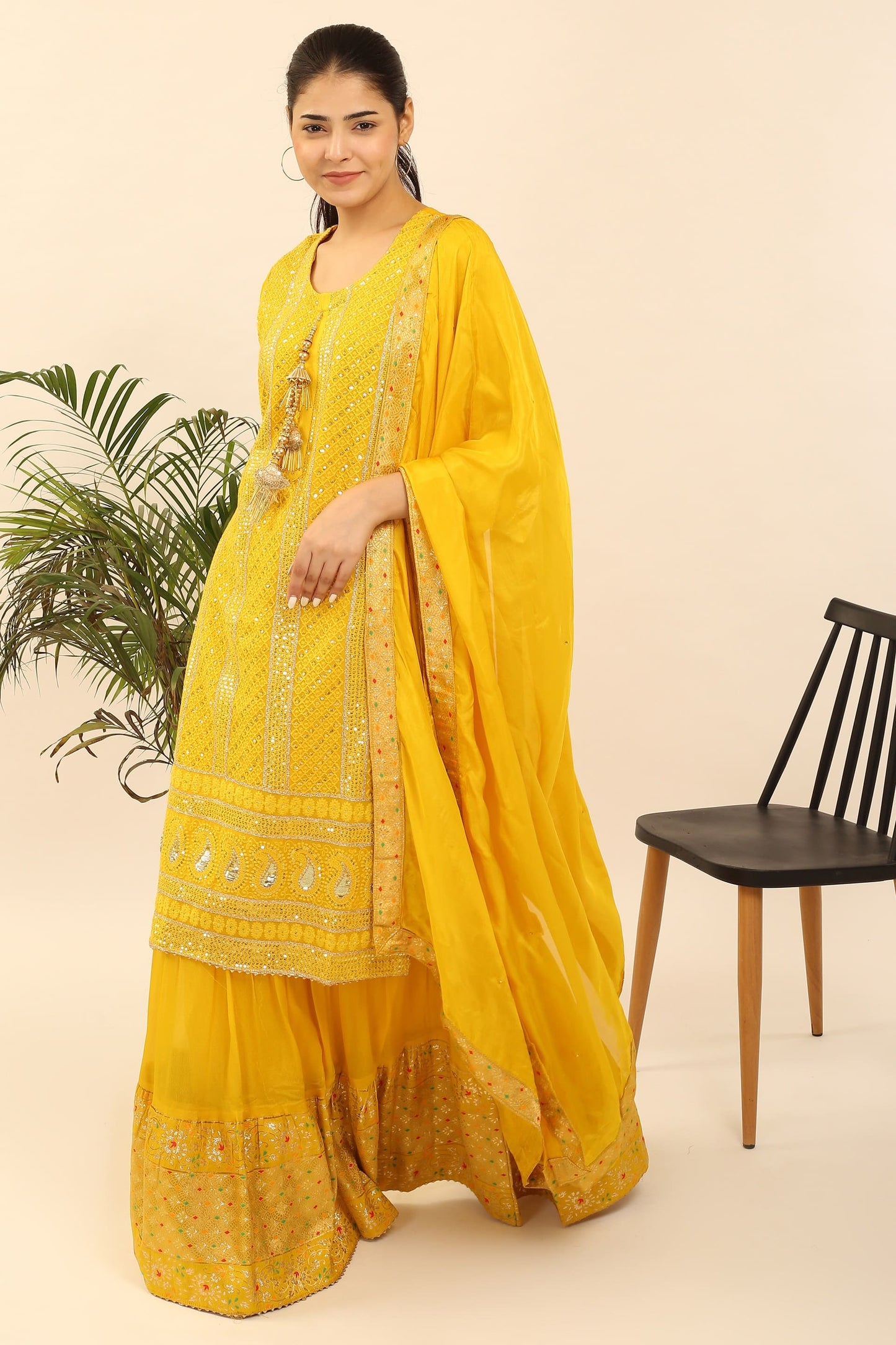 Semi-Stitched Georgette Suit: Thread, Zari & Sequin Embroidered Kurta, Banarsi Skirt & Chinon Dupatta