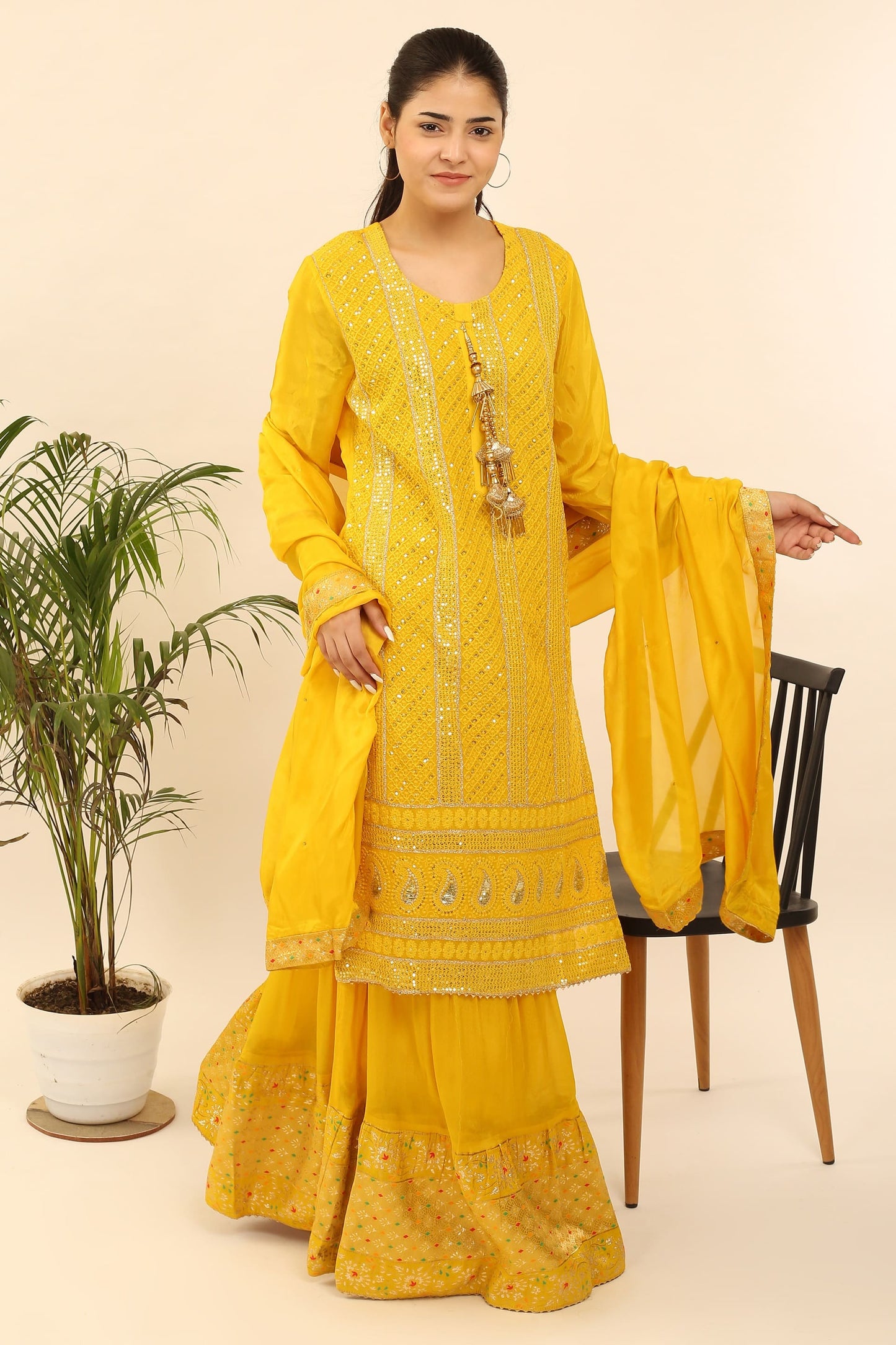 Semi-Stitched Georgette Suit: Thread, Zari & Sequin Embroidered Kurta, Banarsi Skirt & Chinon Dupatta
