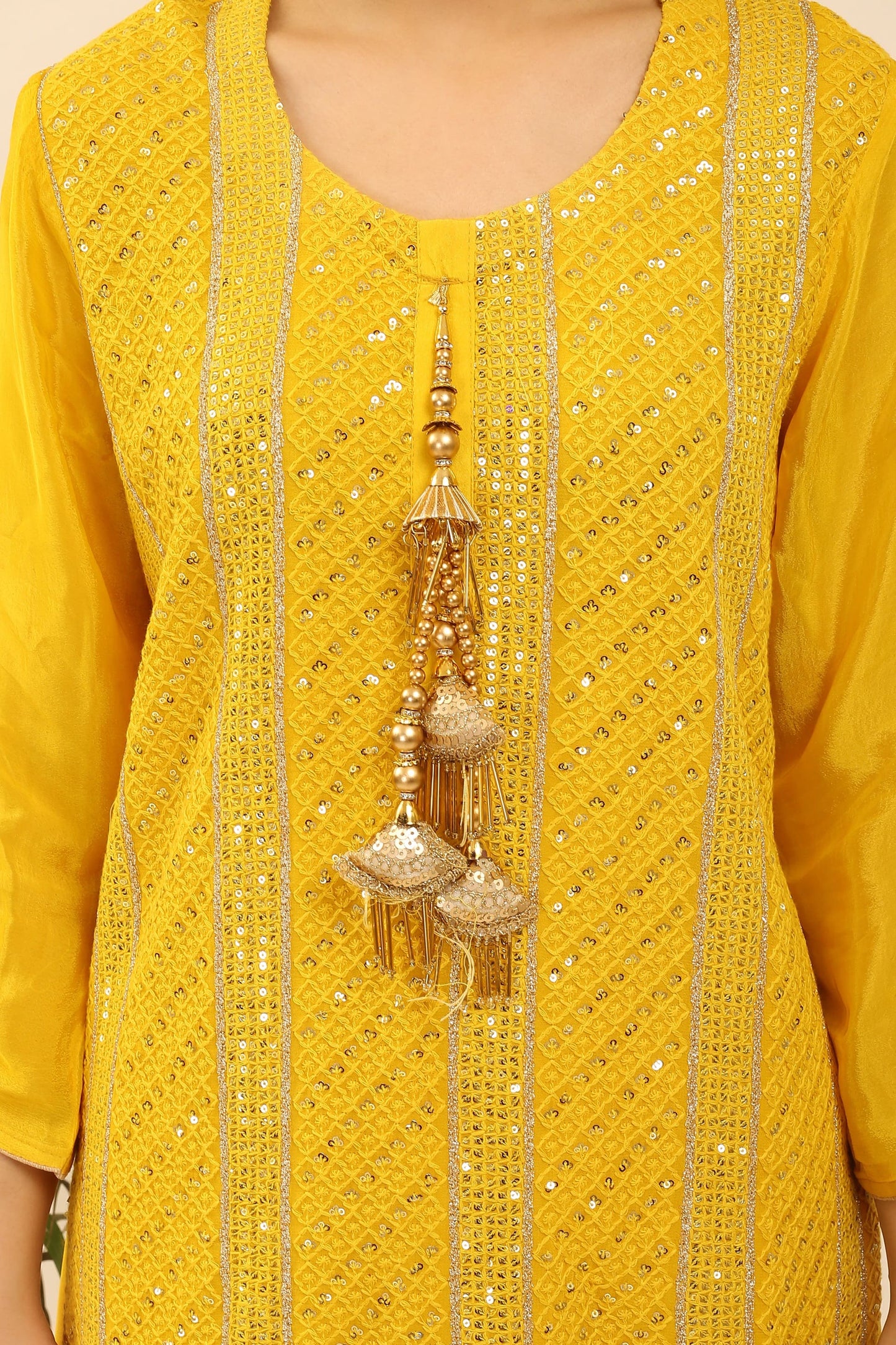 Semi-Stitched Georgette Suit: Thread, Zari & Sequin Embroidered Kurta, Banarsi Skirt & Chinon Dupatta