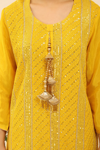 Semi-Stitched Georgette Suit: Thread, Zari & Sequin Embroidered Kurta, Banarsi Skirt & Chinon Dupatta