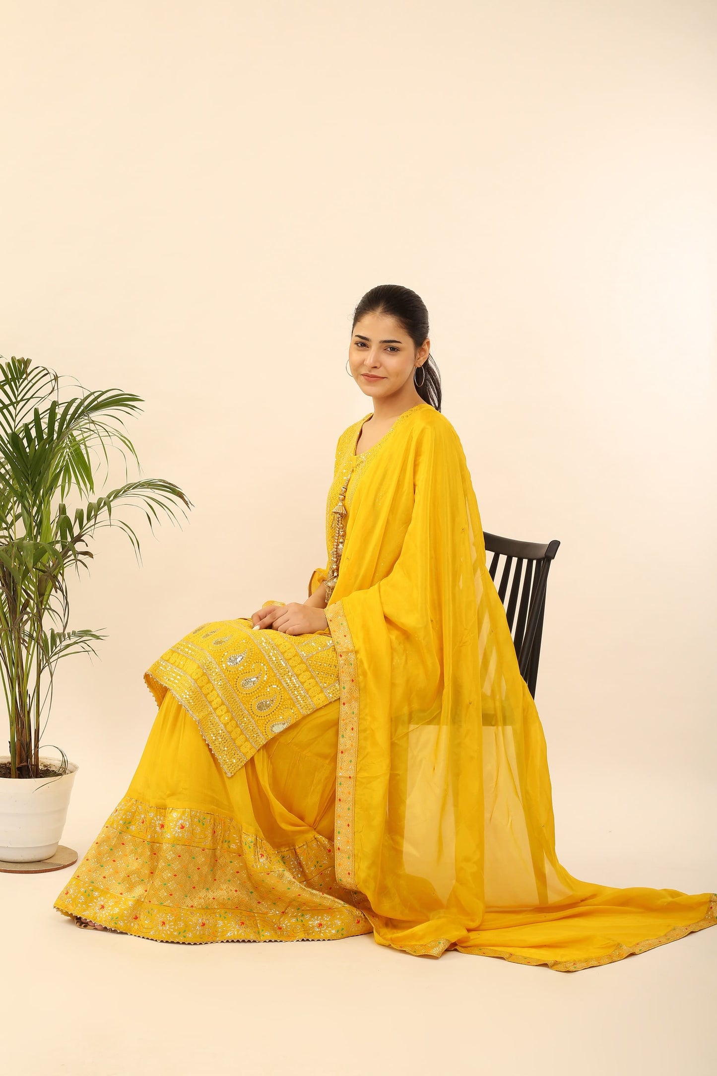 Semi-Stitched Georgette Suit: Thread, Zari & Sequin Embroidered Kurta, Banarsi Skirt & Chinon Dupatta