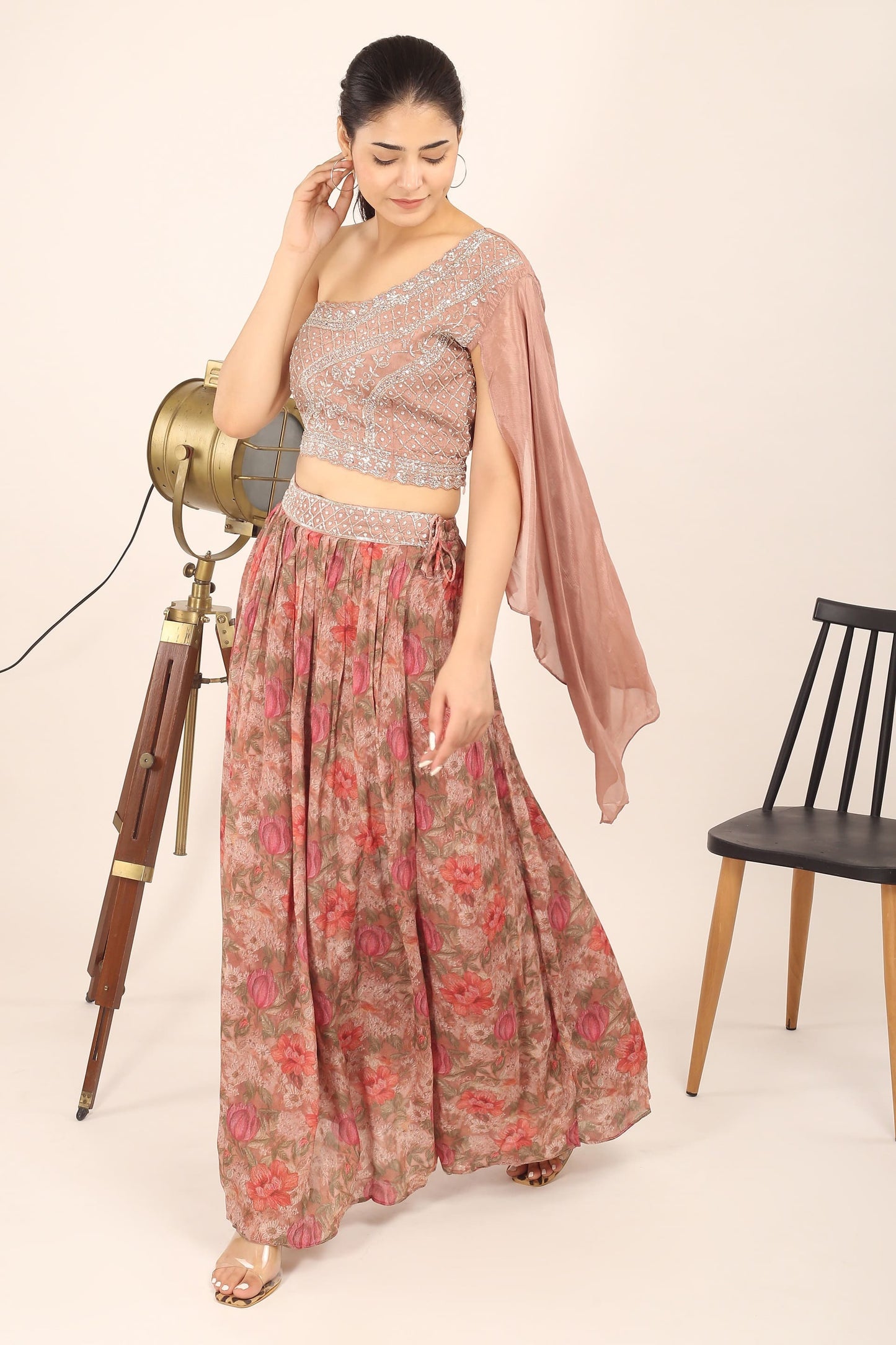 Chinon Magic: One-Shoulder Crop Top with Drape Sleeves & Digital Print Embroidered Skirt