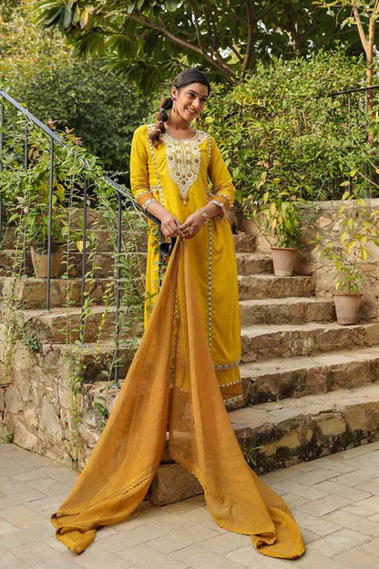 Vibrant Yellow Cotton Suit Ensemble with Ethereal Kota Doriya