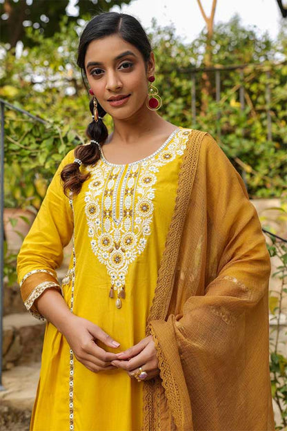 Vibrant Yellow Cotton Suit Ensemble with Ethereal Kota Doriya