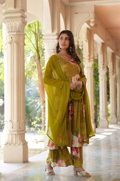 Graceful Muslin: Angarakha Anarkali with Delicate Neck Embroidery, Flared Sharara Pants