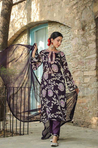 Chinon Chic: Stitched Suit Set with Inner, Pants, and Chiffon Dupatta