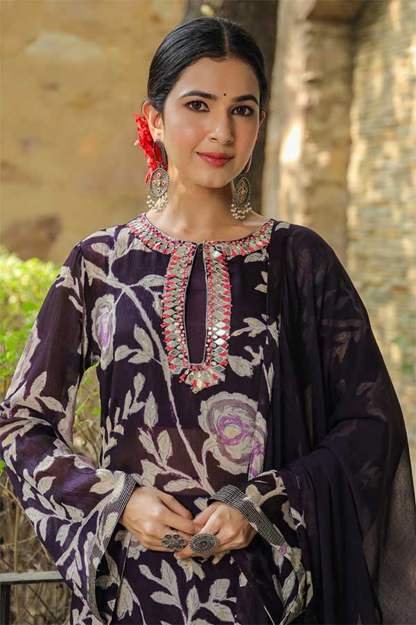 Chinon Chic: Stitched Suit Set with Inner, Pants, and Chiffon Dupatta