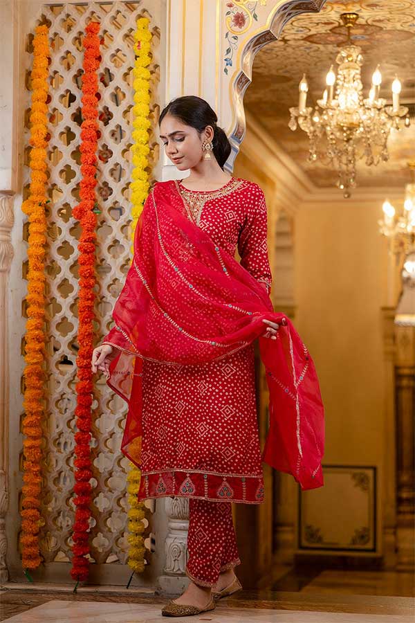 Stitched in Style: Red Rayon Suit with Bandhini Print and Zari Embroidery