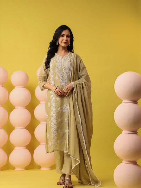 Soft Beige Pure Cotton Suit Set with Delicate Thread Embroidery & Mul Dupatta
