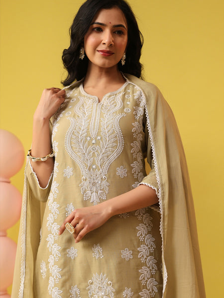 Soft Beige Pure Cotton Suit Set with Delicate Thread Embroidery & Mul Dupatta