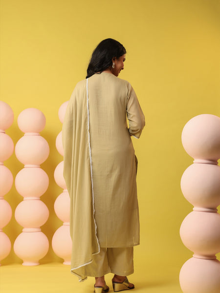 Soft Beige Pure Cotton Suit Set with Delicate Thread Embroidery & Mul Dupatta