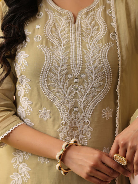 Soft Beige Pure Cotton Suit Set with Delicate Thread Embroidery & Mul Dupatta