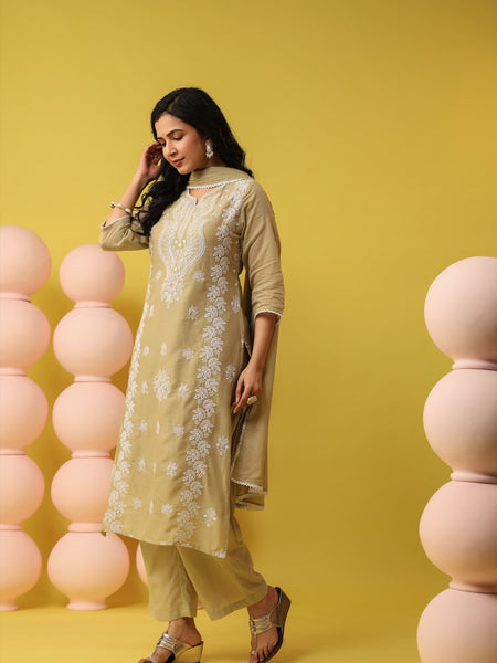 Soft Beige Pure Cotton Suit Set with Delicate Thread Embroidery & Mul Dupatta