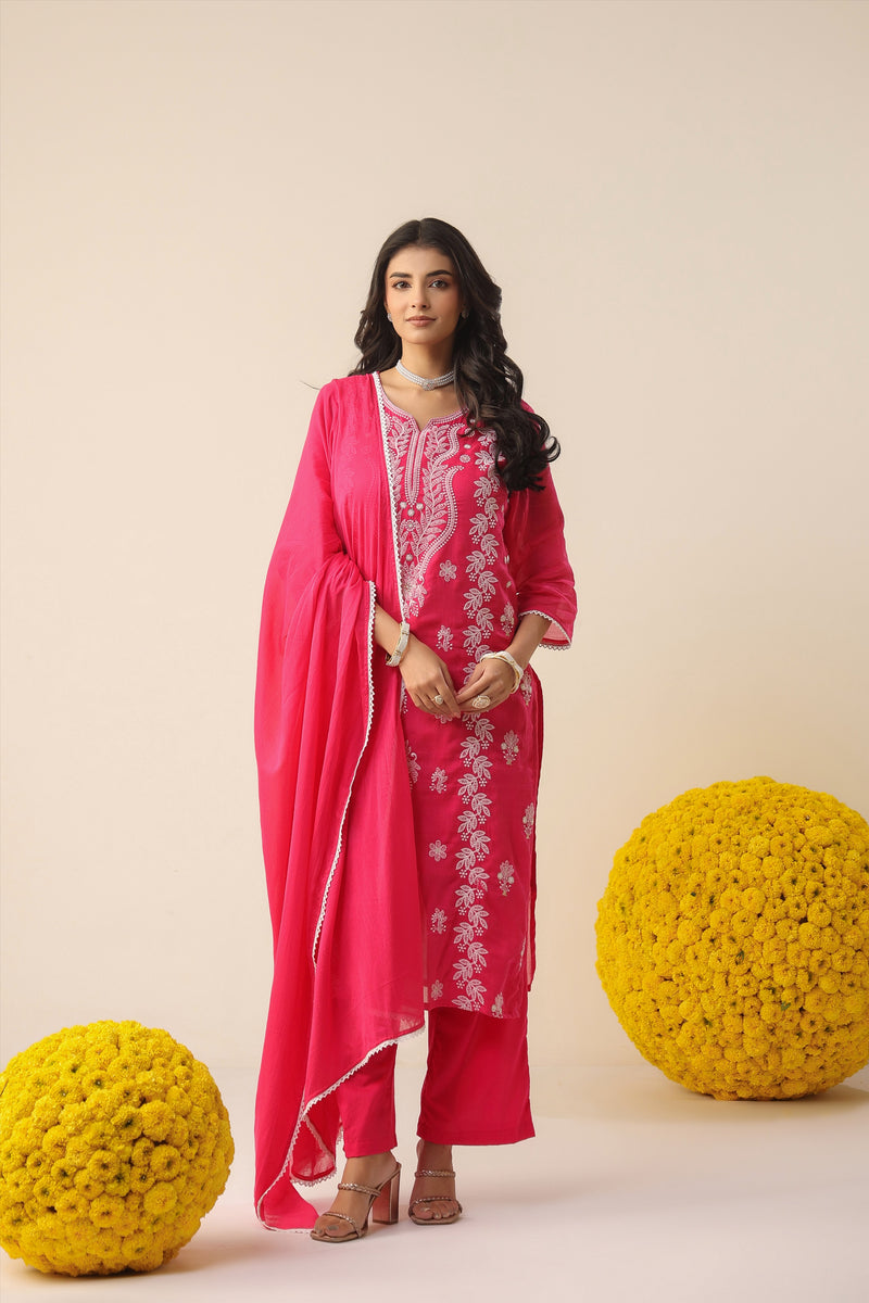 Bright Coral Pure Cotton Suit Set with Delicate Thread Embroidery & Mul Dupatta