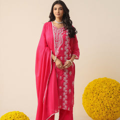 Bright Coral Pure Cotton Suit Set with Delicate Thread Embroidery & Mul Dupatta