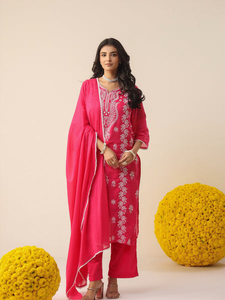 Bright Coral Pure Cotton Suit Set with Delicate Thread Embroidery & Mul Dupatta