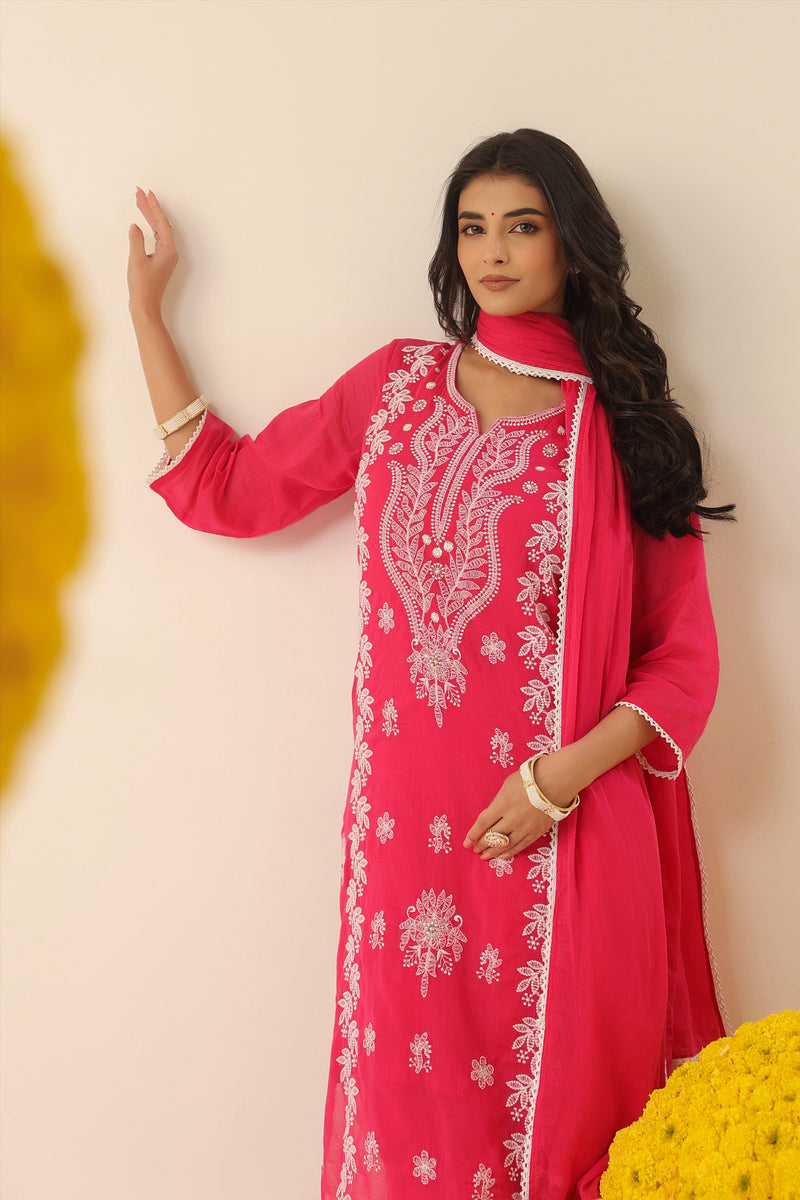 Bright Coral Pure Cotton Suit Set with Delicate Thread Embroidery & Mul Dupatta