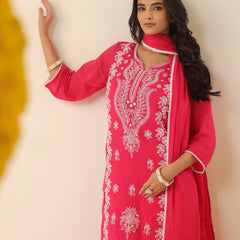 Bright Coral Pure Cotton Suit Set with Delicate Thread Embroidery & Mul Dupatta
