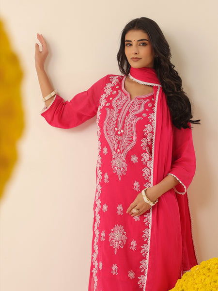 Bright Coral Pure Cotton Suit Set with Delicate Thread Embroidery & Mul Dupatta
