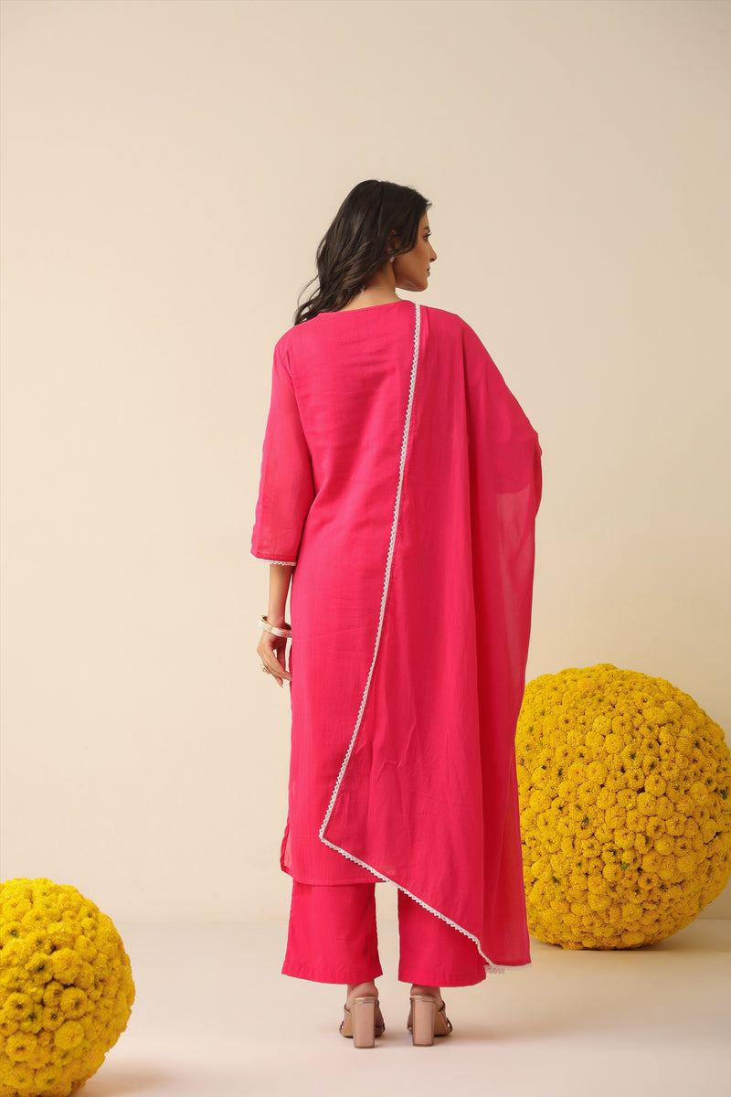 Bright Coral Pure Cotton Suit Set with Delicate Thread Embroidery & Mul Dupatta