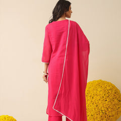 Bright Coral Pure Cotton Suit Set with Delicate Thread Embroidery & Mul Dupatta