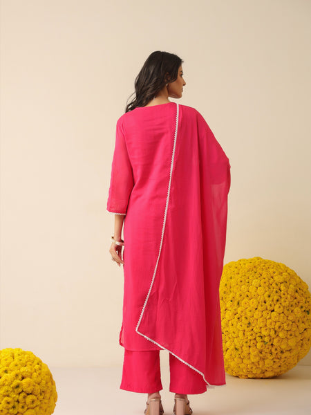 Bright Coral Pure Cotton Suit Set with Delicate Thread Embroidery & Mul Dupatta