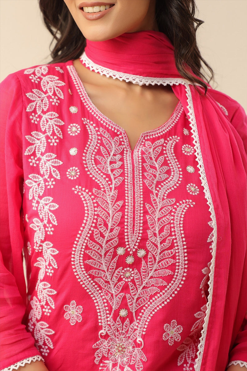 Bright Coral Pure Cotton Suit Set with Delicate Thread Embroidery & Mul Dupatta